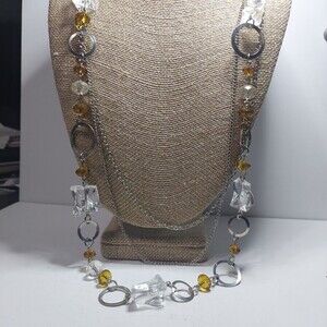 Necklace Clear amber beads chain metal rings 28-32"